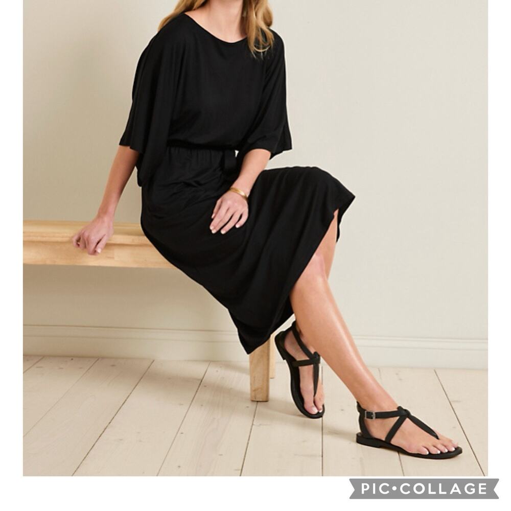 Garnet Hill Black Knit Midi Dress XL Stretch 3/4 Sleeve Minimalist 38” long